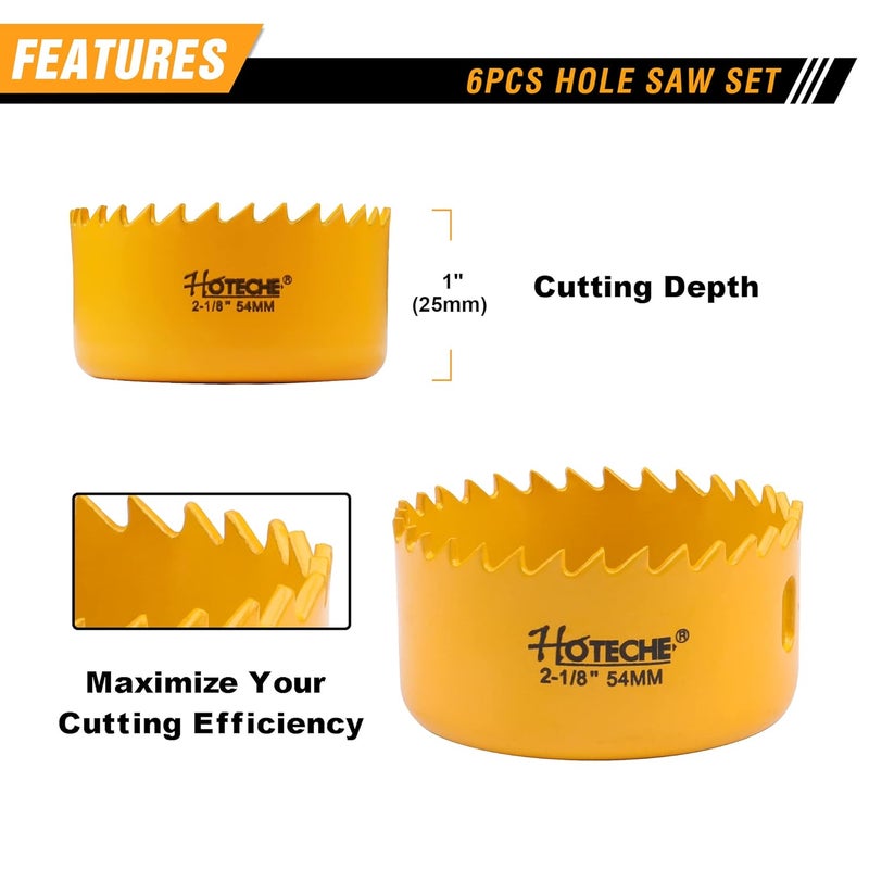 HOTECHE 6-Piece Hole Saw Set - Versatile Hole Cutter Kit for Wood, Plastic, and Fiberboard - Clean, Accurate Cuts with Arbor Hole Drill - Compatible with Hand Drills, Drill Presses, and Rotary Tools - Image 3